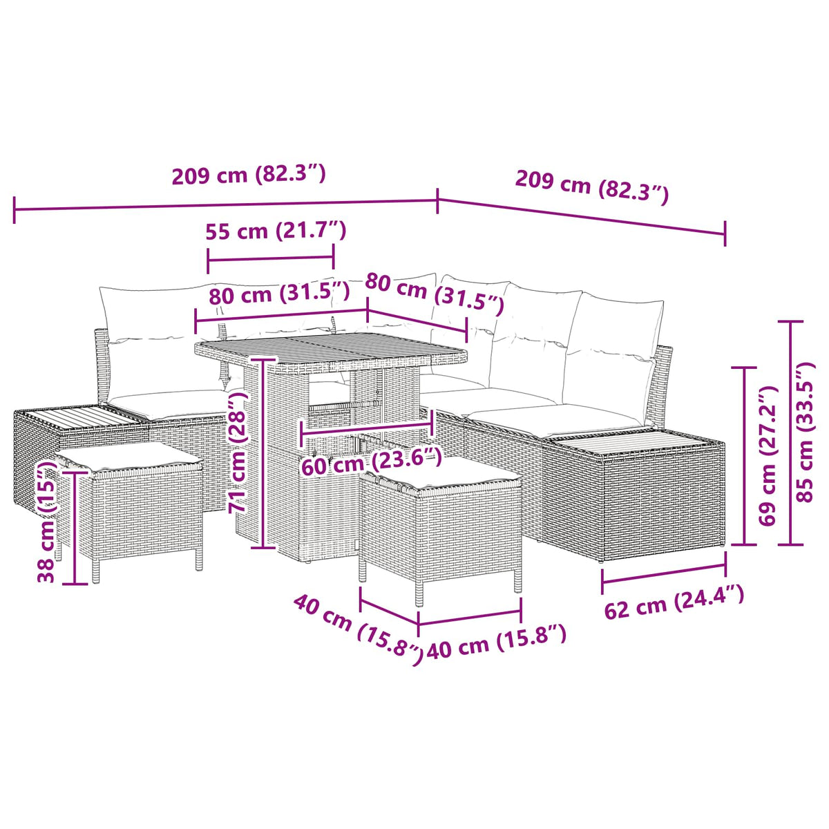 Gartensofa-set 8 stk. 7-Sitzanzahl Beige und Creme