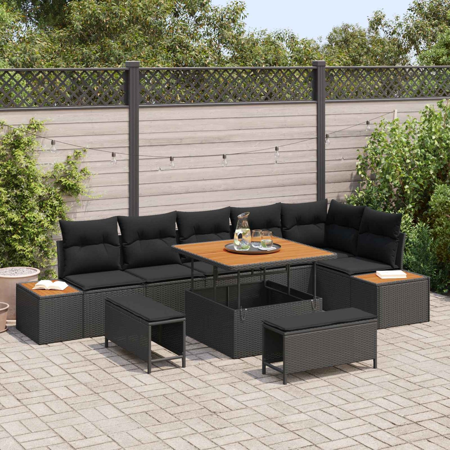 Gartensofa-set mit Kissen 9 pcs Schwarz