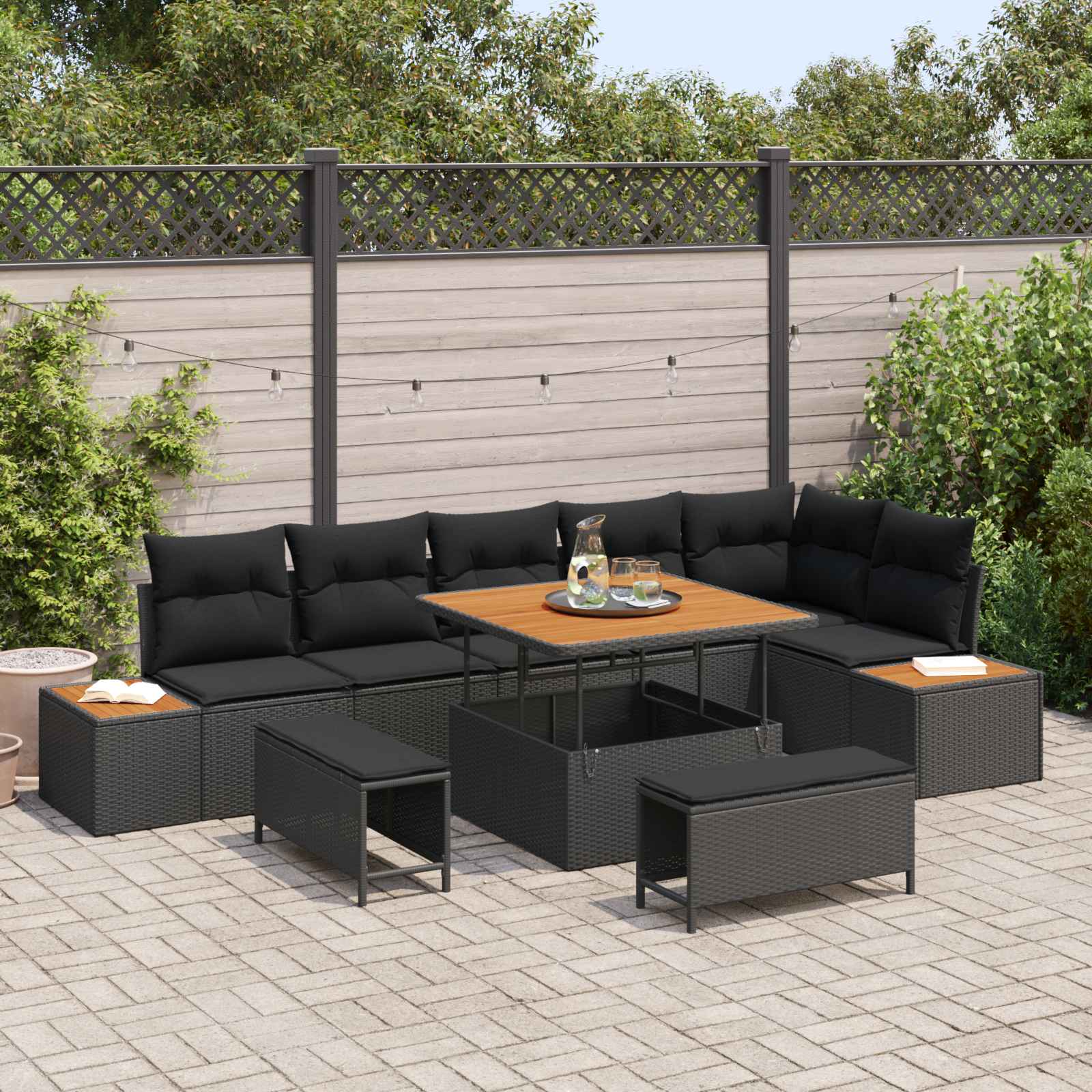 Gartensofa-set mit Kissen 9 pcs Schwarz