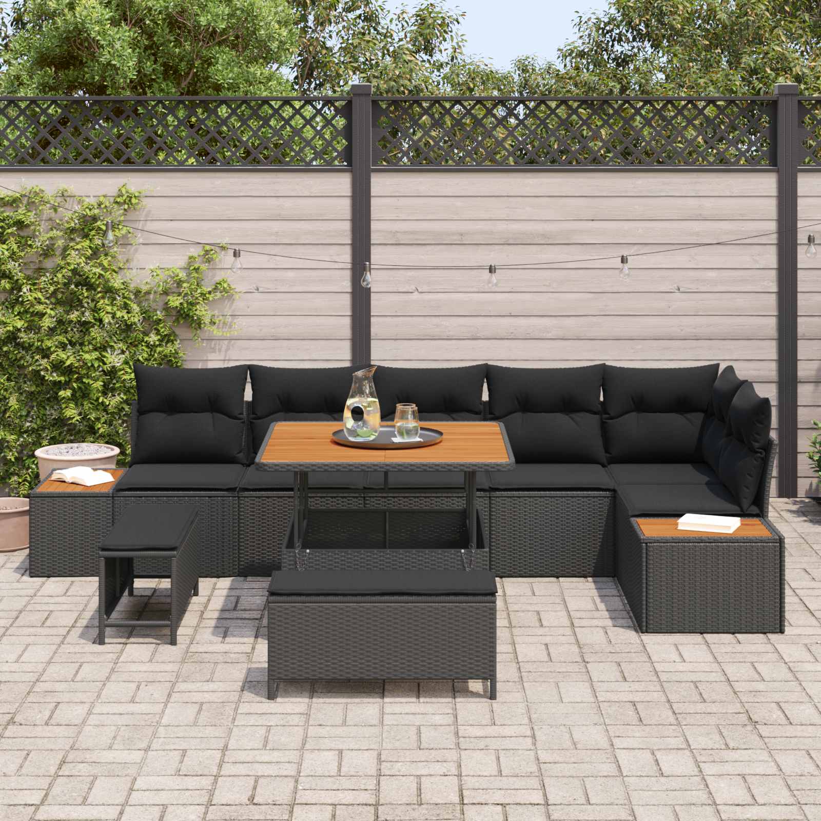 Gartensofa-set mit Kissen 9 pcs Schwarz