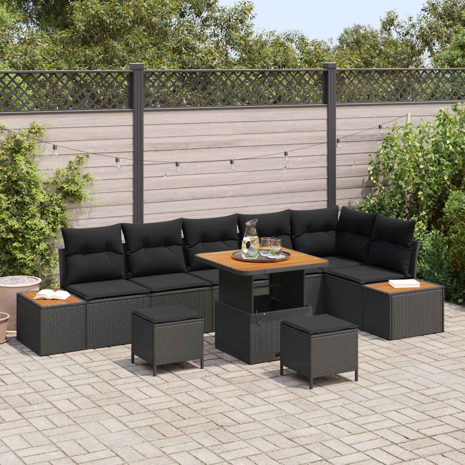 Gartensofa-set mit Kissen 9 pcs Schwarz