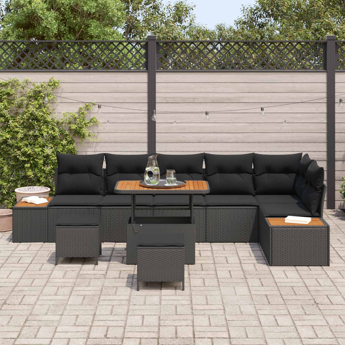 Gartensofa-set mit Kissen 9 pcs Schwarz