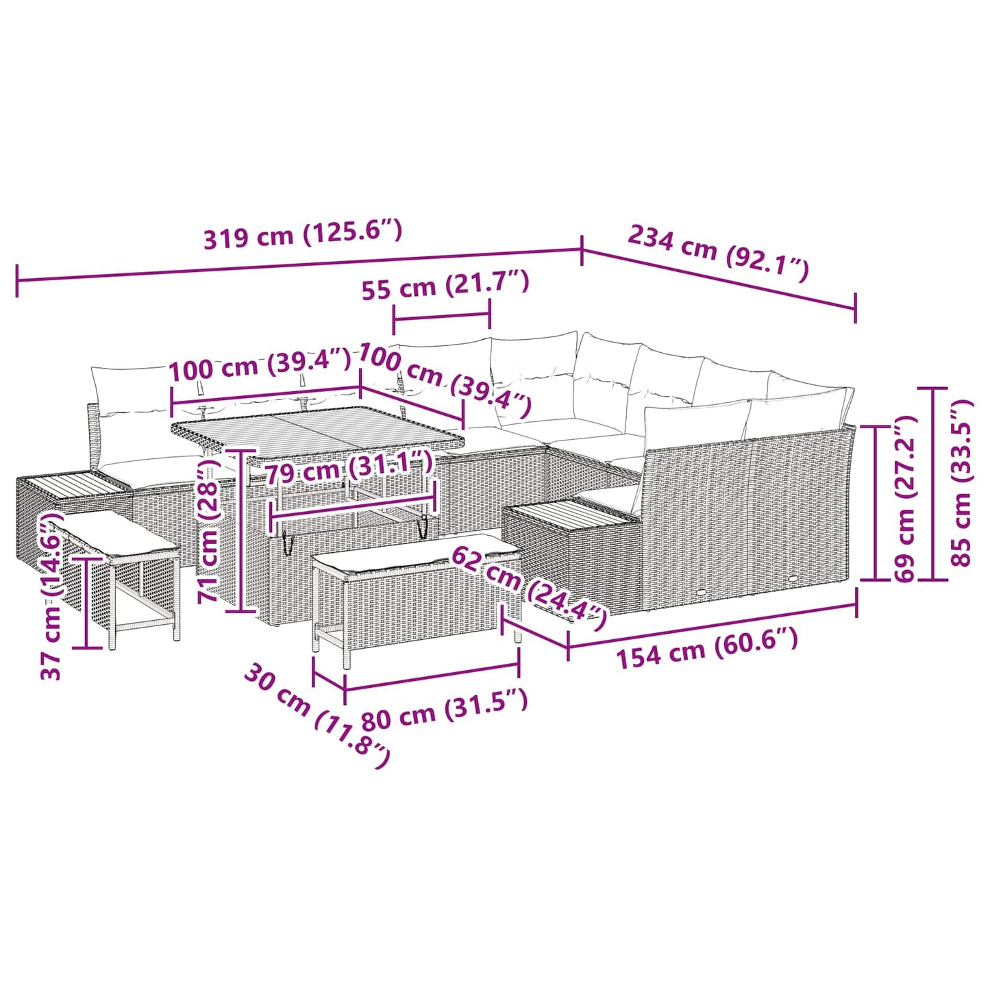 Gartensofa-set 12 stk. 11-Sitzanzahl Schwarz