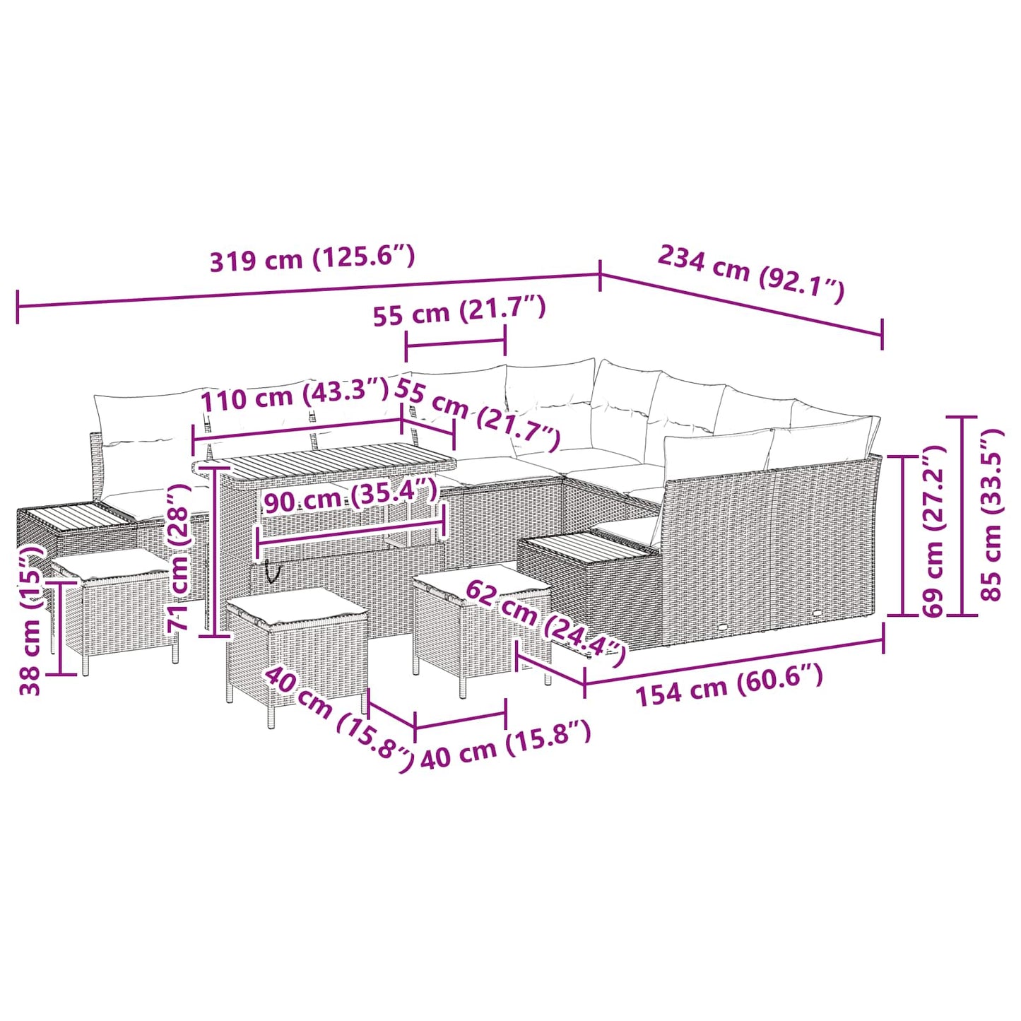 Gartensofa-set 13 stk. 12-Sitzanzahl Schwarz