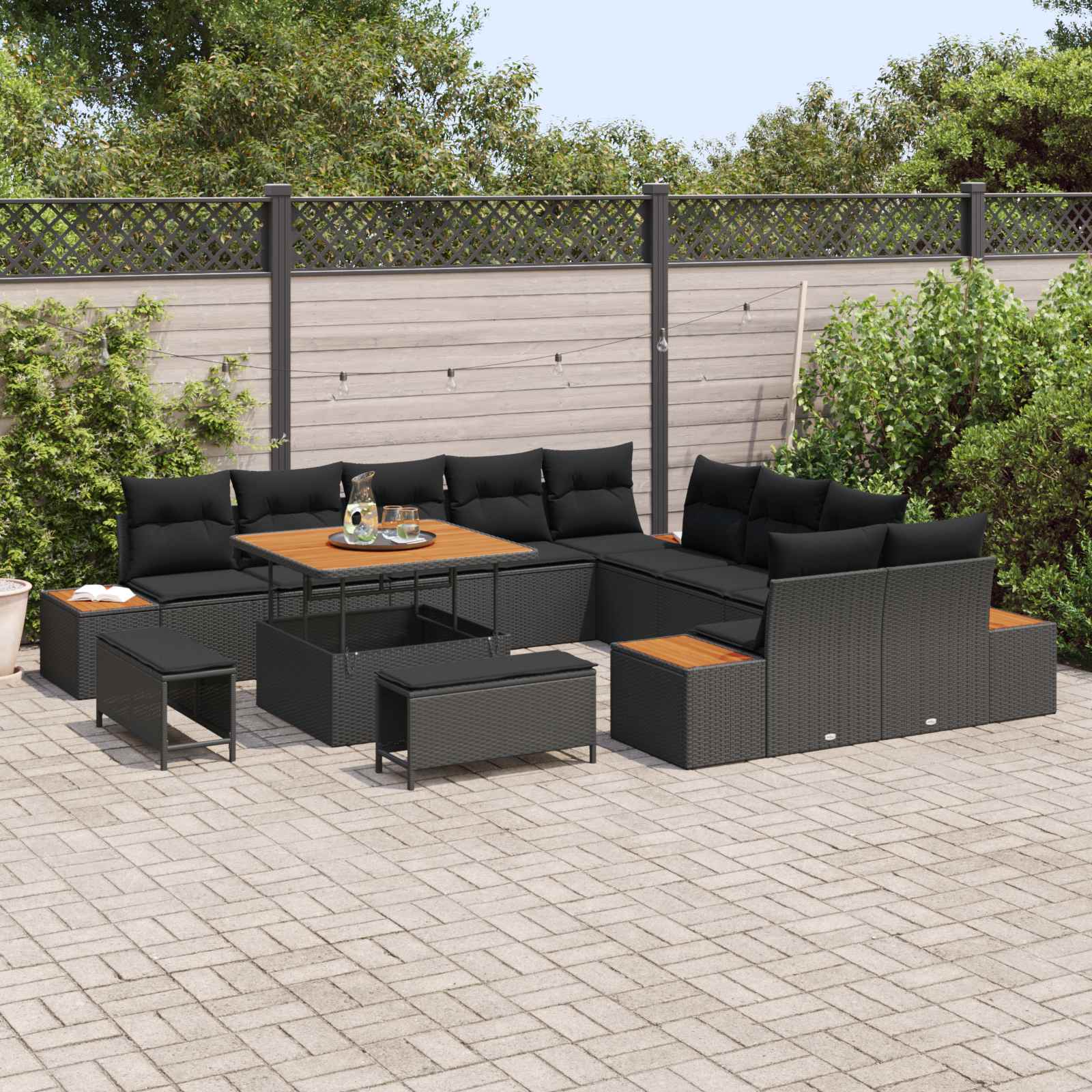 Gartensofa-set mit Kissen 13 pcs Schwarz