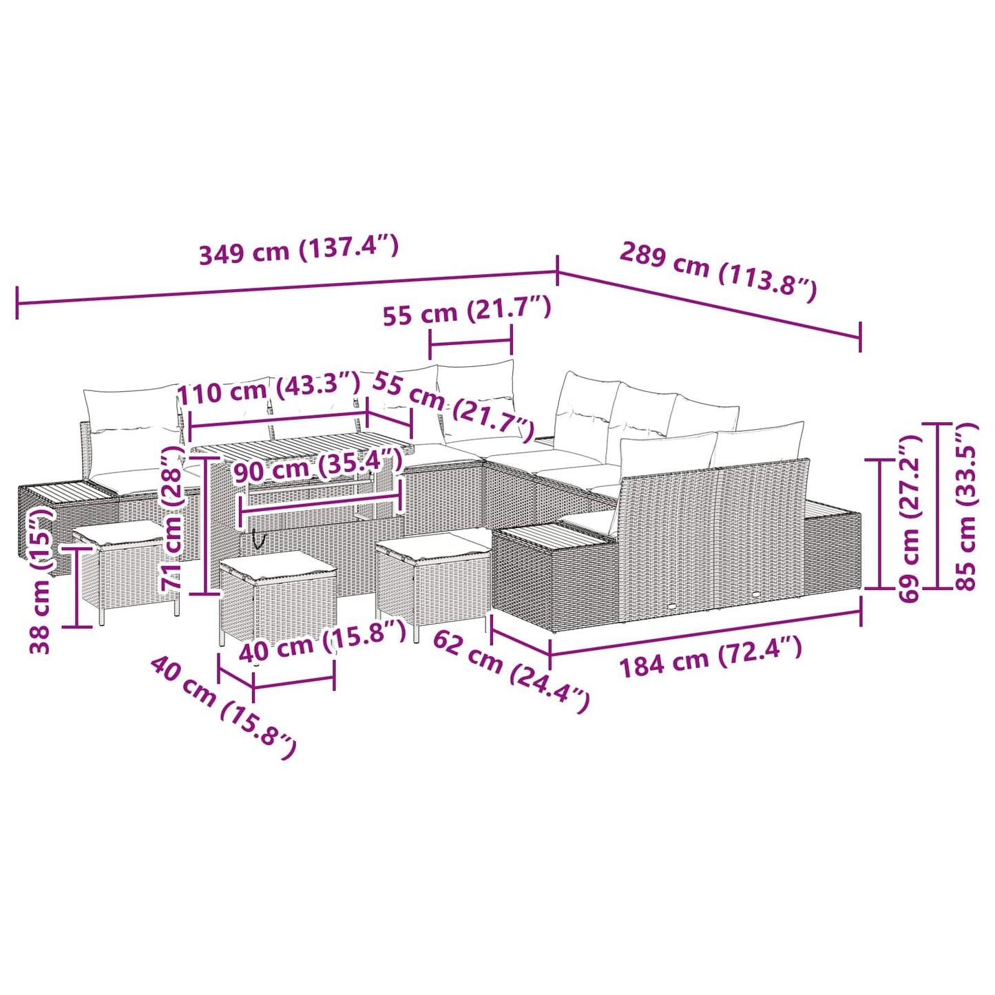 Gartensofa-set mit Kissen 14 pcs Schwarz