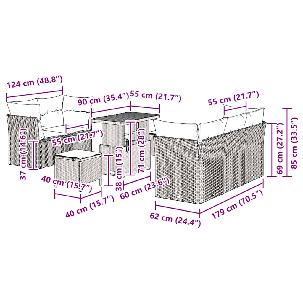 Gartensofa-set 8 Stk. 5-Sitzanzahl Beige und Creme Poly-Rattan