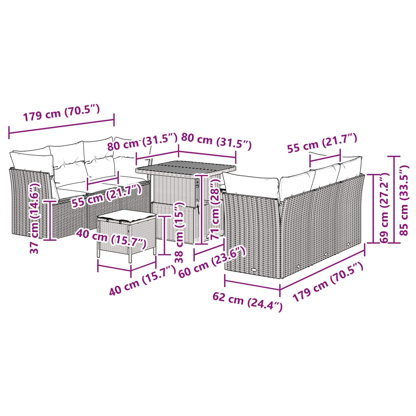 Gartensofa-set mit Kissen 9 pcs Schwarz Poly-Rattan
