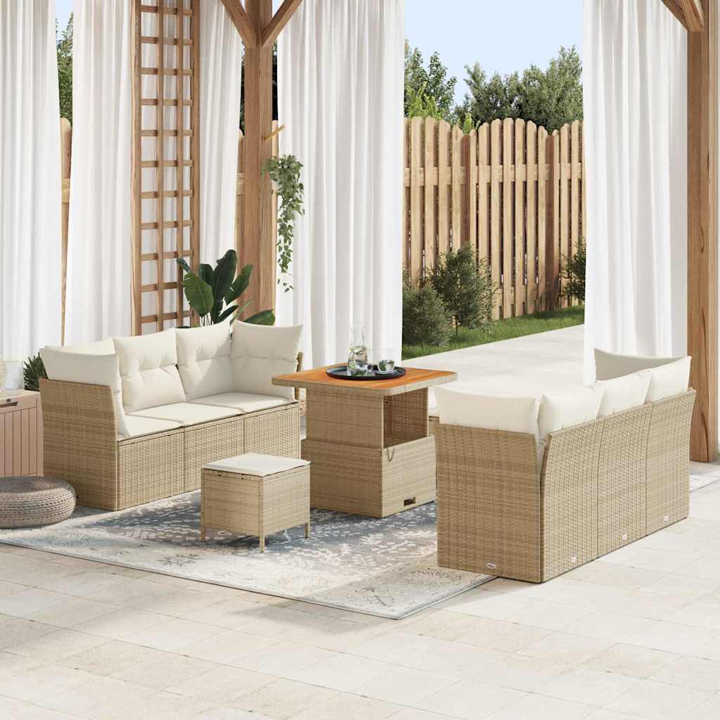 Gartensofa-set mit Kissen 9 pcs Beige und Creme Poly-Rattan