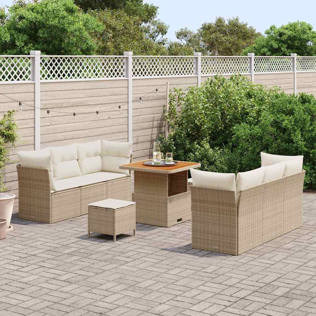 Gartensofa-set mit Kissen 9 pcs Beige und Creme Poly-Rattan