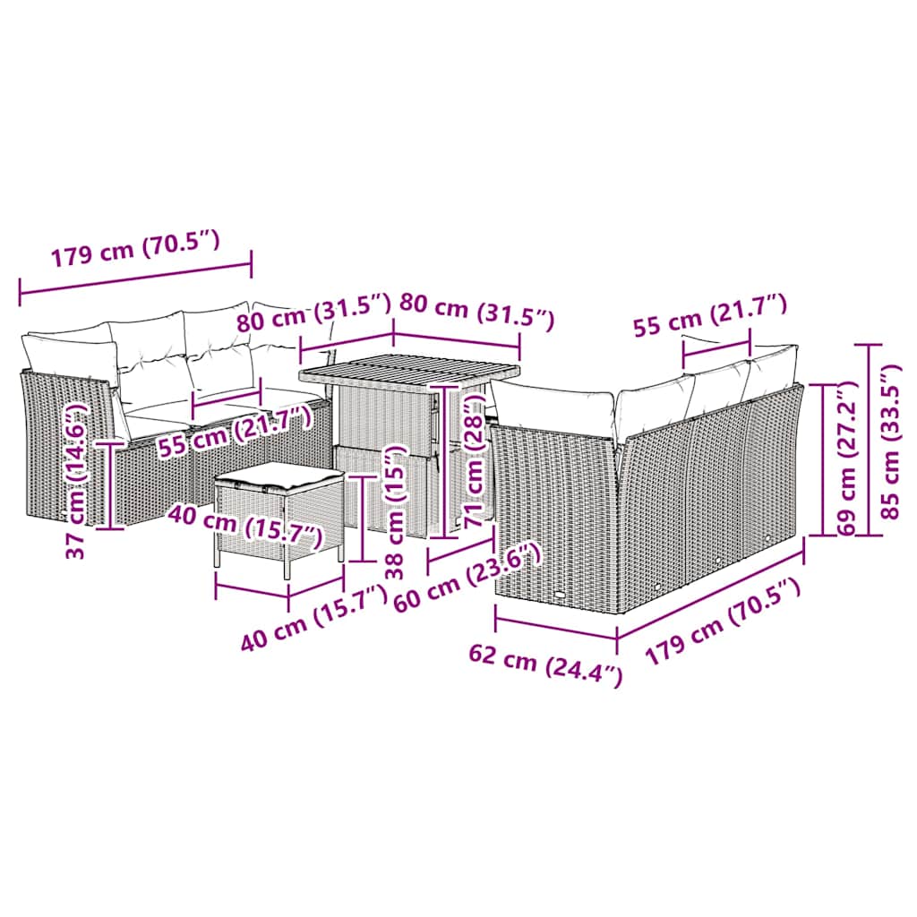 Gartensofa-set mit Kissen 9 pcs Beige und Creme Poly-Rattan