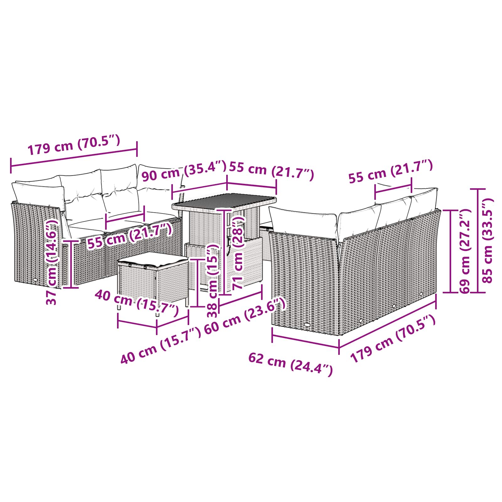 Gartensofa-set mit Kissen 9 pcs Schwarz Poly-Rattan