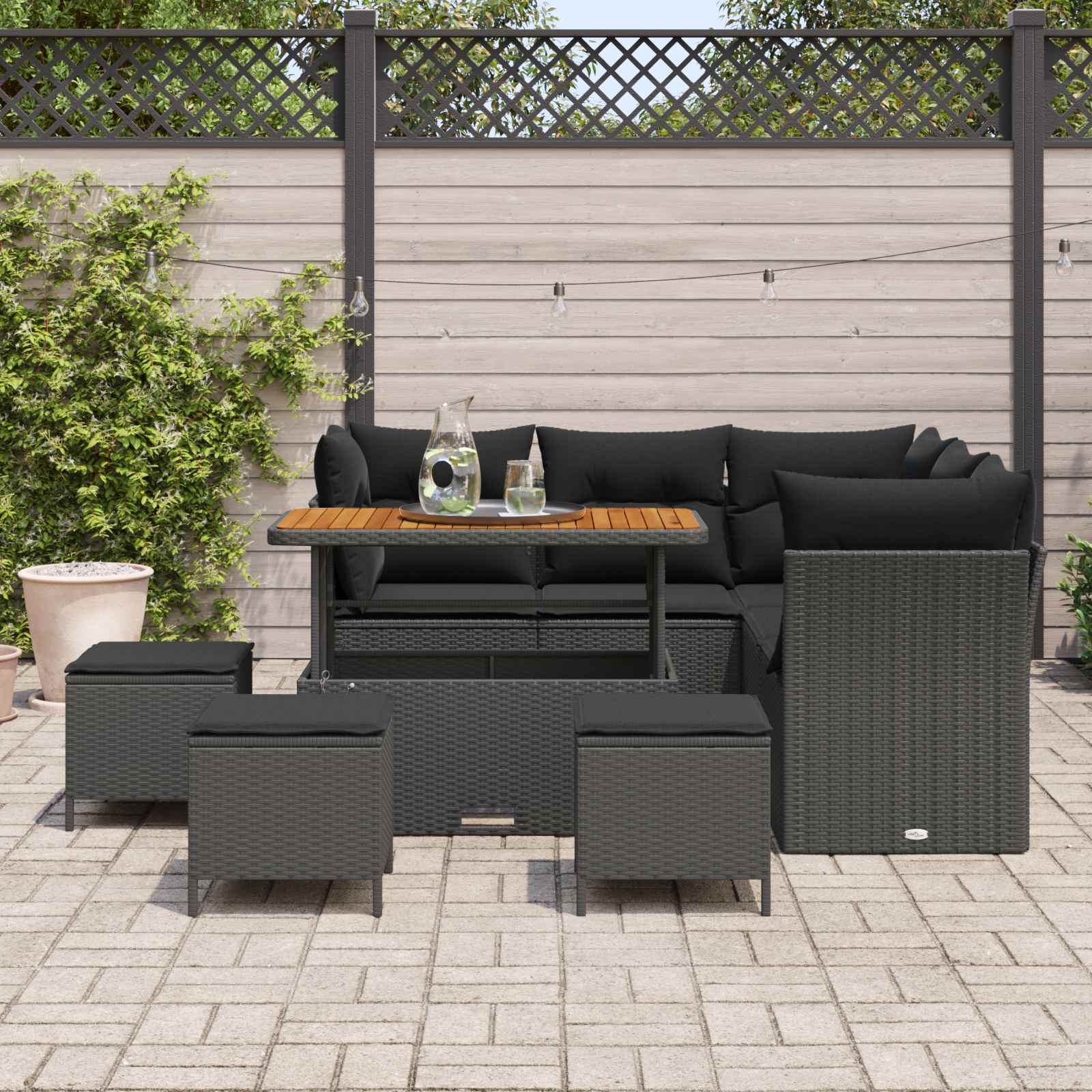 Garten-Sofa-Set mit Kissen mit Speicher 9 pcs Schwarz