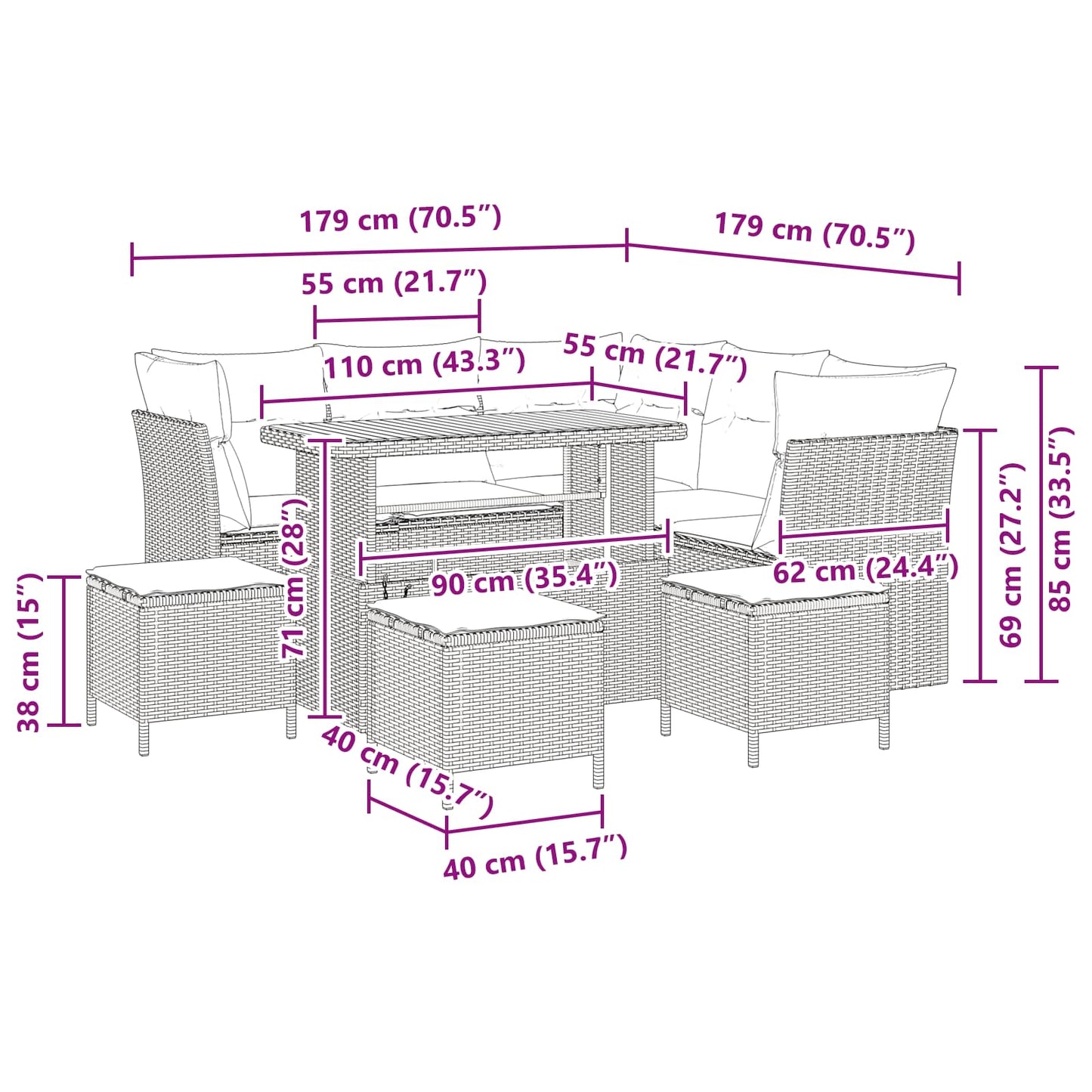 Garten-Sofa-Set mit Kissen mit Speicher 9 pcs Schwarz