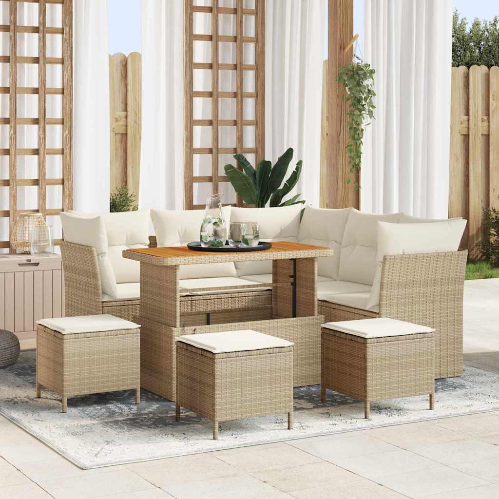 Gartensofa-set 9 Stk. 5-Sitzanzahl Beige und Creme Poly-Rattan