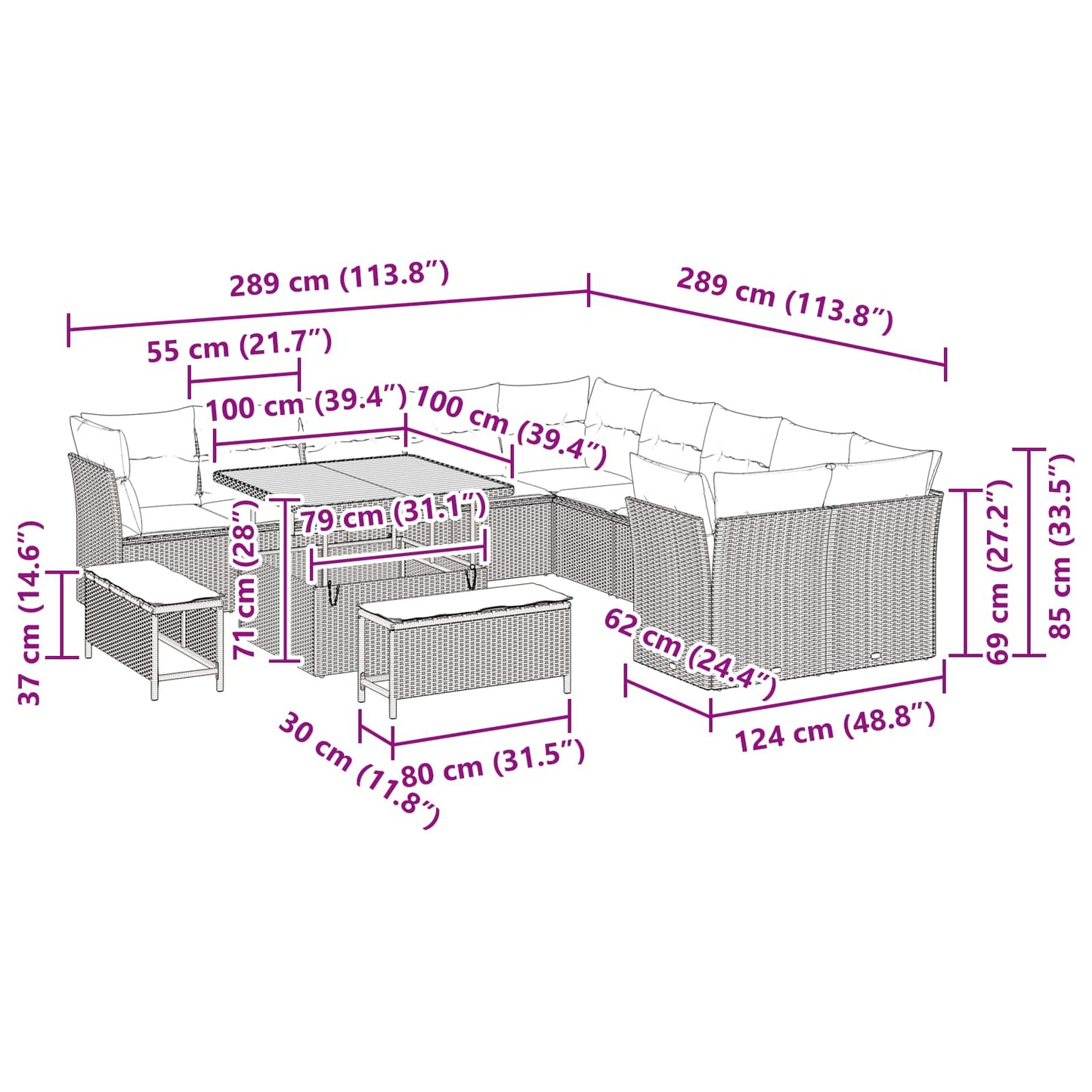 Gartensofa-set mit Kissen 13 pcs Schwarz Poly-Rattan
