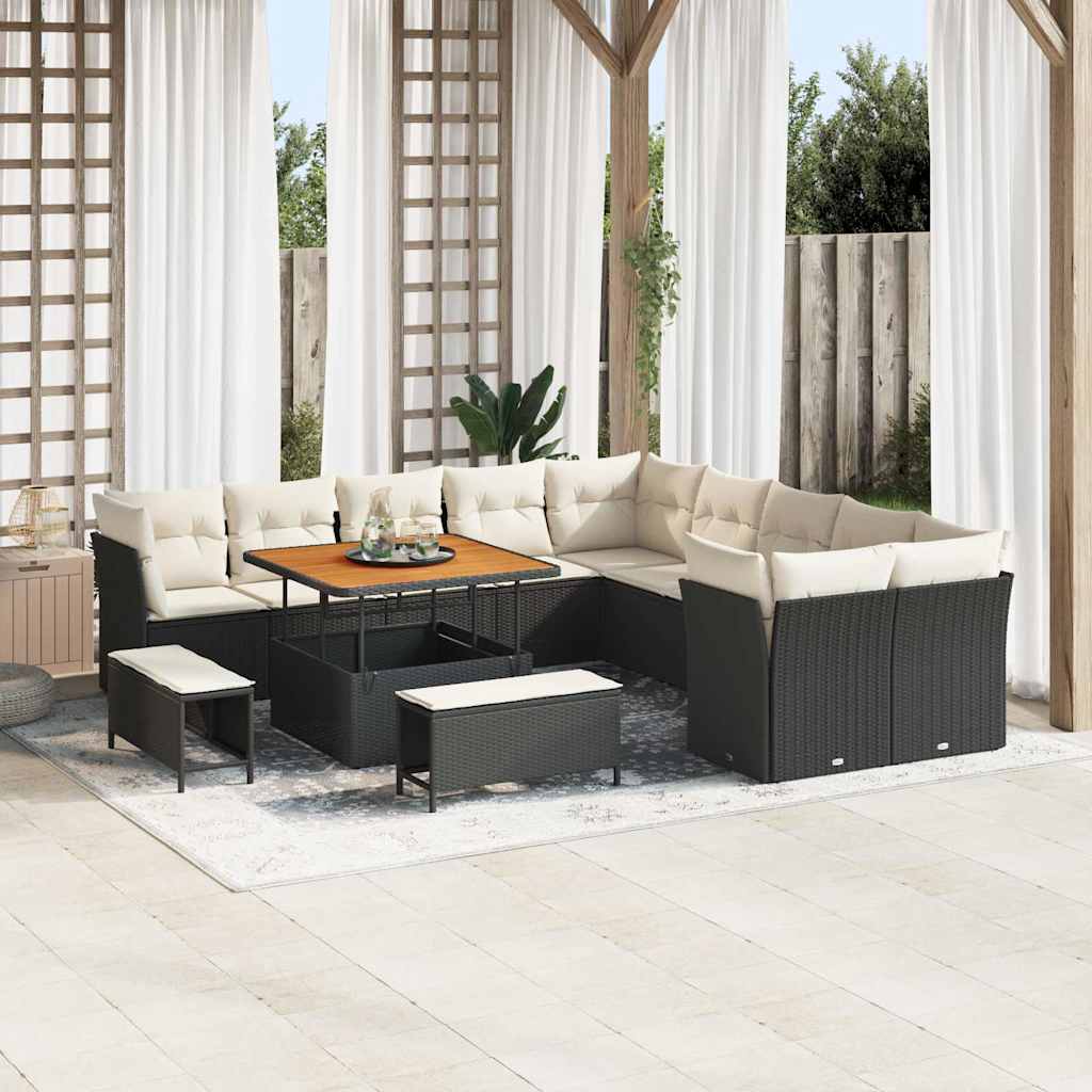 Gartensofa-set mit Kissen 13 pcs Schwarz und Creme Poly-Rattan