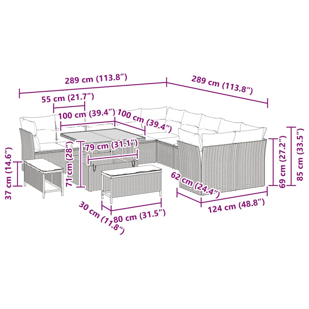 Gartensofa-set mit Kissen 13 pcs Schwarz und Creme Poly-Rattan