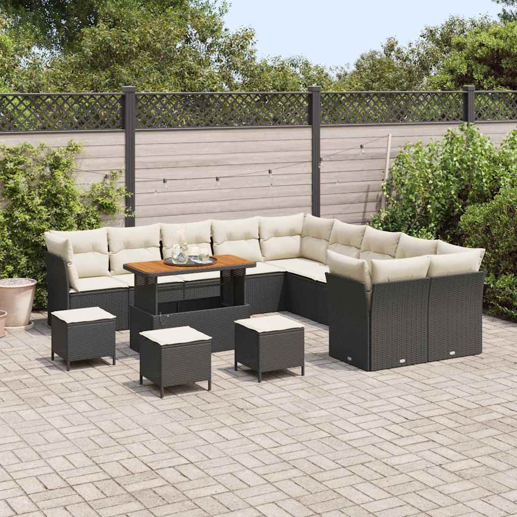 Gartensofa-set mit Kissen 14 pcs Schwarz und Creme Poly-Rattan