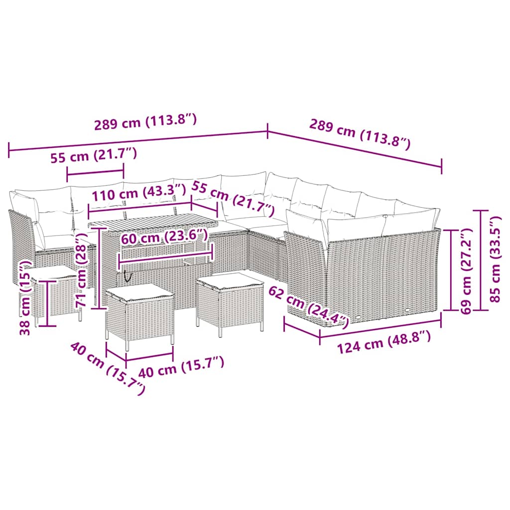 Gartensofa-set mit Kissen 14 pcs Schwarz und Creme Poly-Rattan
