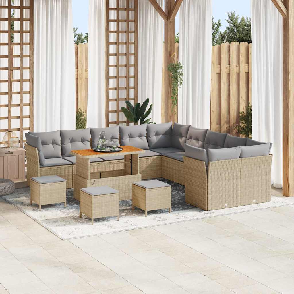 Gartensofa-set mit Kissen 14 pcs Beige und Hellgrau Poly-Rattan