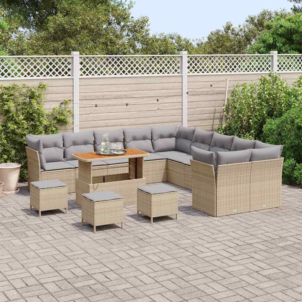 Gartensofa-set mit Kissen 14 pcs Beige und Hellgrau Poly-Rattan