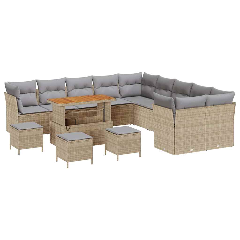Gartensofa-set mit Kissen 14 pcs Beige und Hellgrau Poly-Rattan