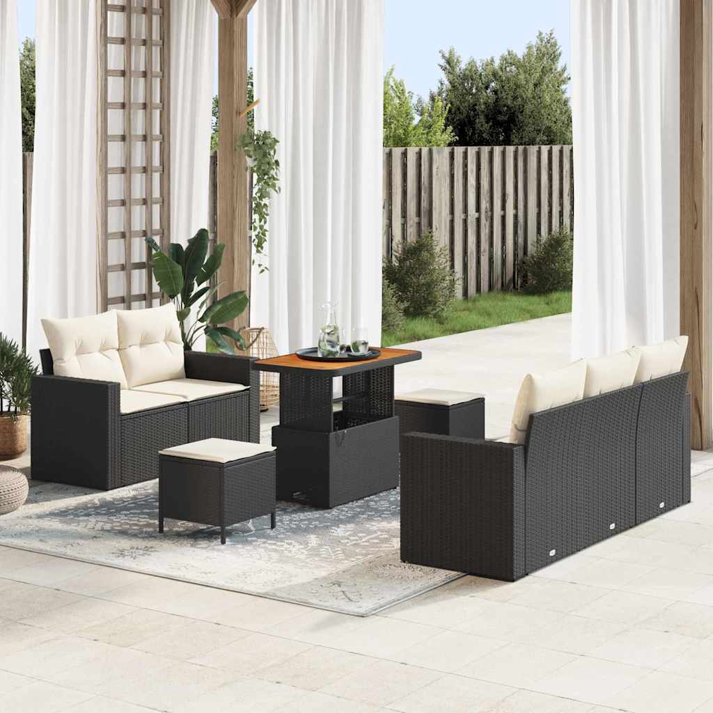 Gartensofa-set mit Kissen 8 pcs Schwarz und Creme Poly-Rattan
