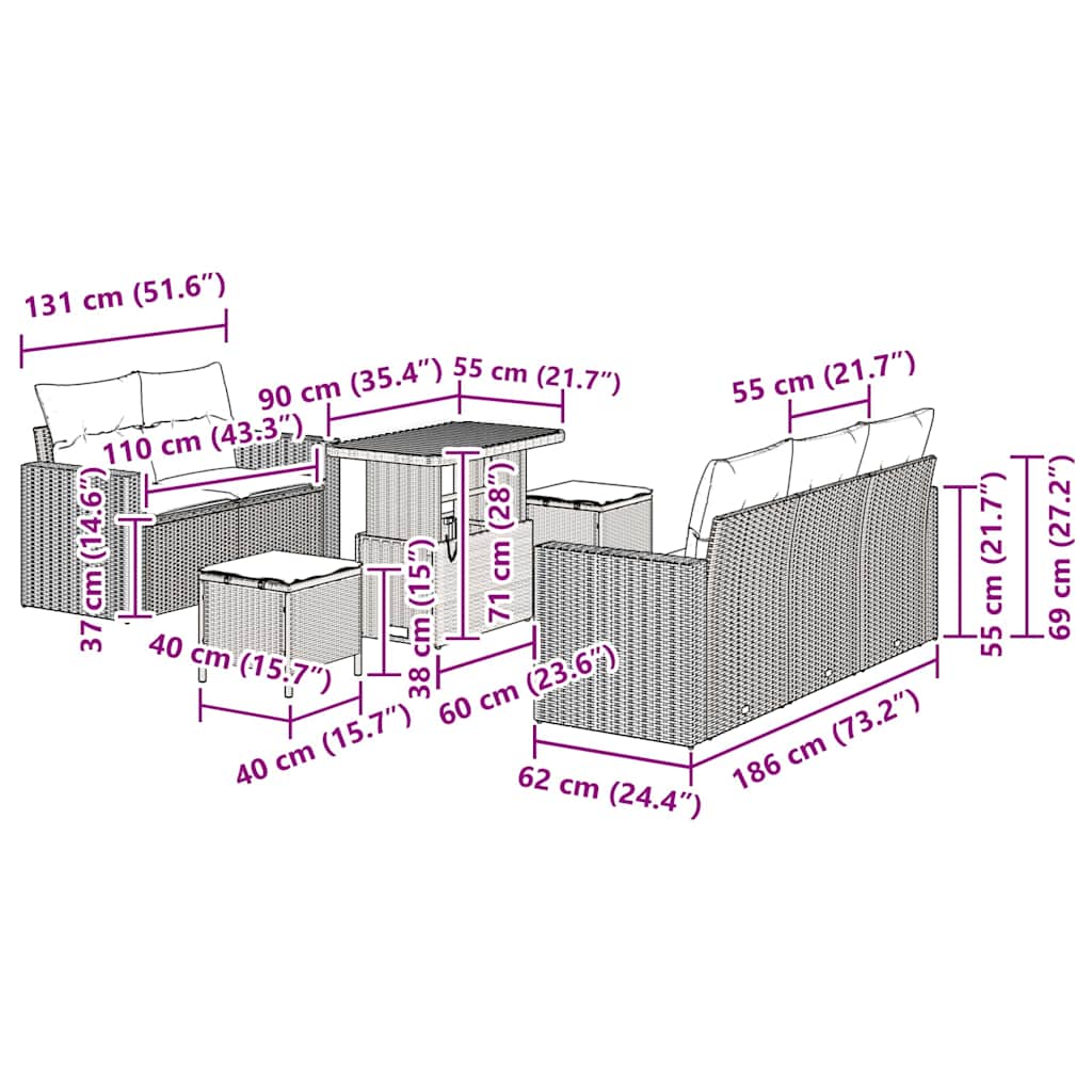 Gartensofa-set 8 Stk. 5-Sitzanzahl Beige und Creme Poly-Rattan