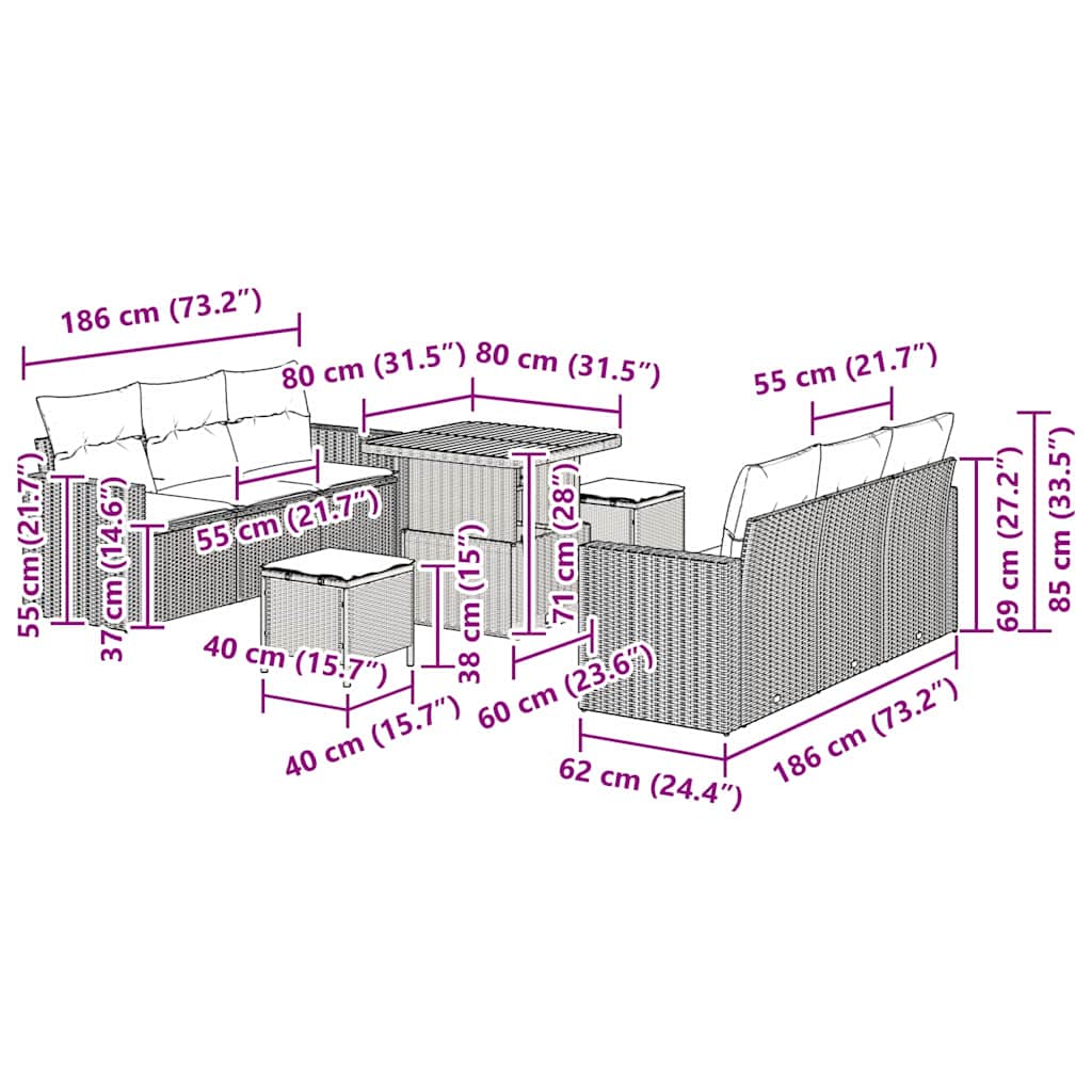 Gartensofa-set 9 Stk. 6-Sitzanzahl Beige und Creme Poly-Rattan