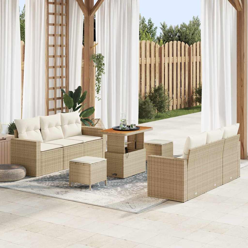 Gartensofa-set 9 Stk. 6-Sitzanzahl Beige und Creme Poly-Rattan