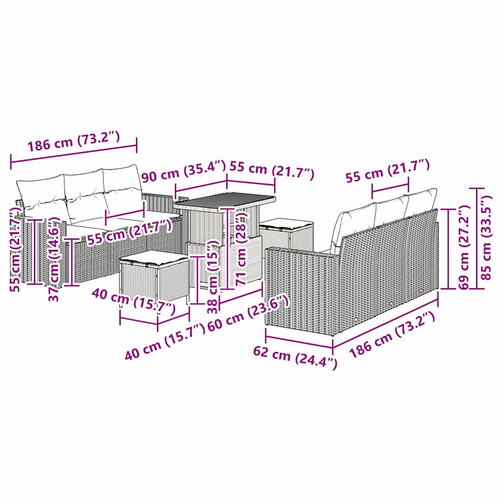 Gartensofa-set 9 Stk. 6-Sitzanzahl Beige und Creme Poly-Rattan