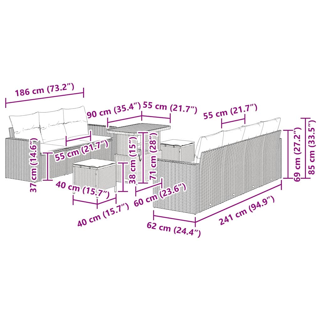 Garten-Sofa-Set mit Kissen 10 pcs Schwarz und Creme