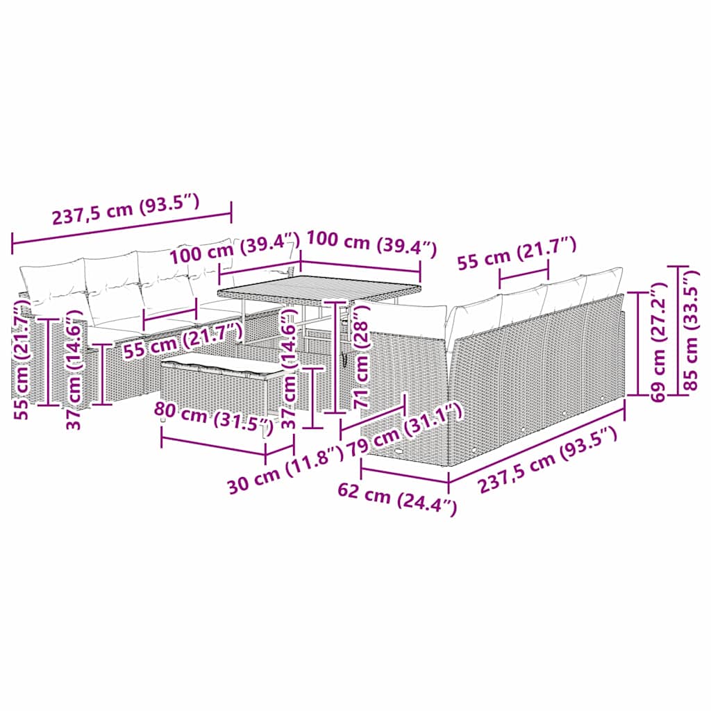 Gartensofa-set 12 stk. 12-Sitzanzahl Beige und Creme