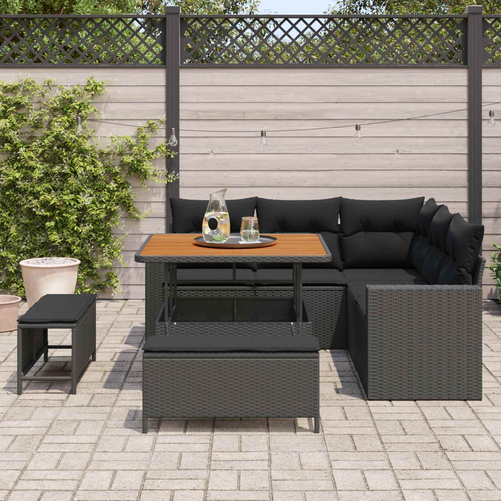 Gartensofa-set mit Kissen 9 pcs Schwarz Poly-Rattan