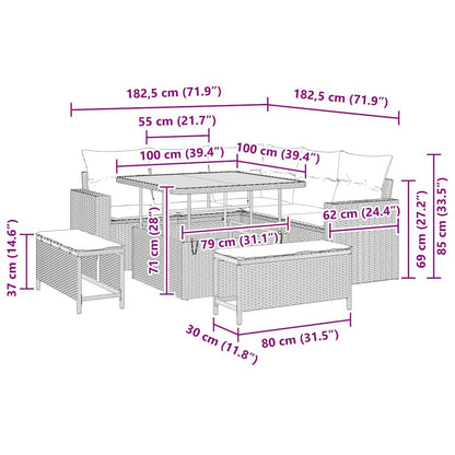 Gartensofa-set 9 Stk. 6-Sitzanzahl Beige und Creme Poly-Rattan