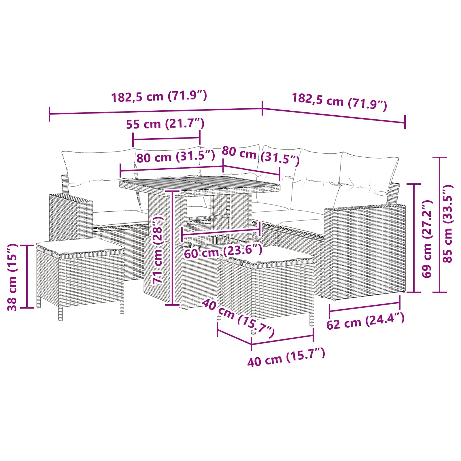 Gartensofa-set mit Kissen 9 pcs Schwarz Poly-Rattan