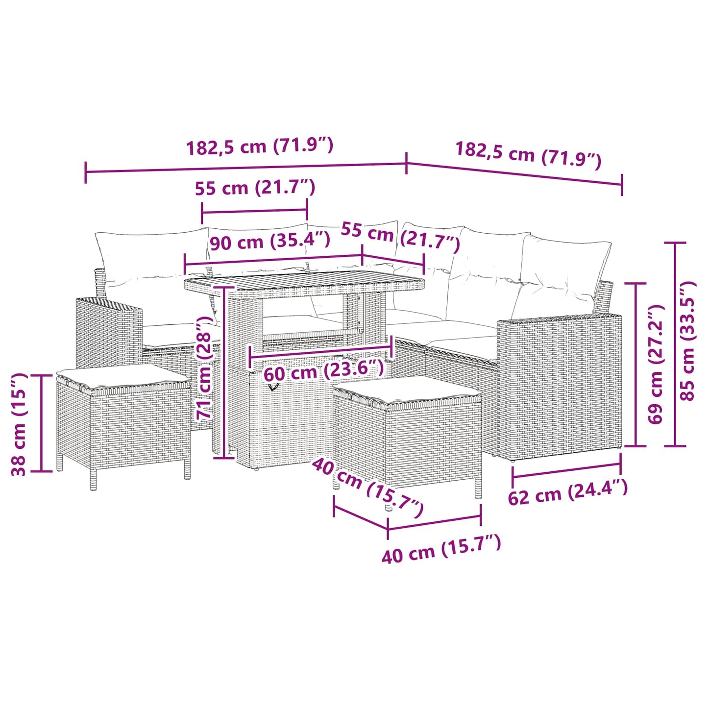 Gartensofa-set mit Kissen 9 pcs Schwarz Poly-Rattan