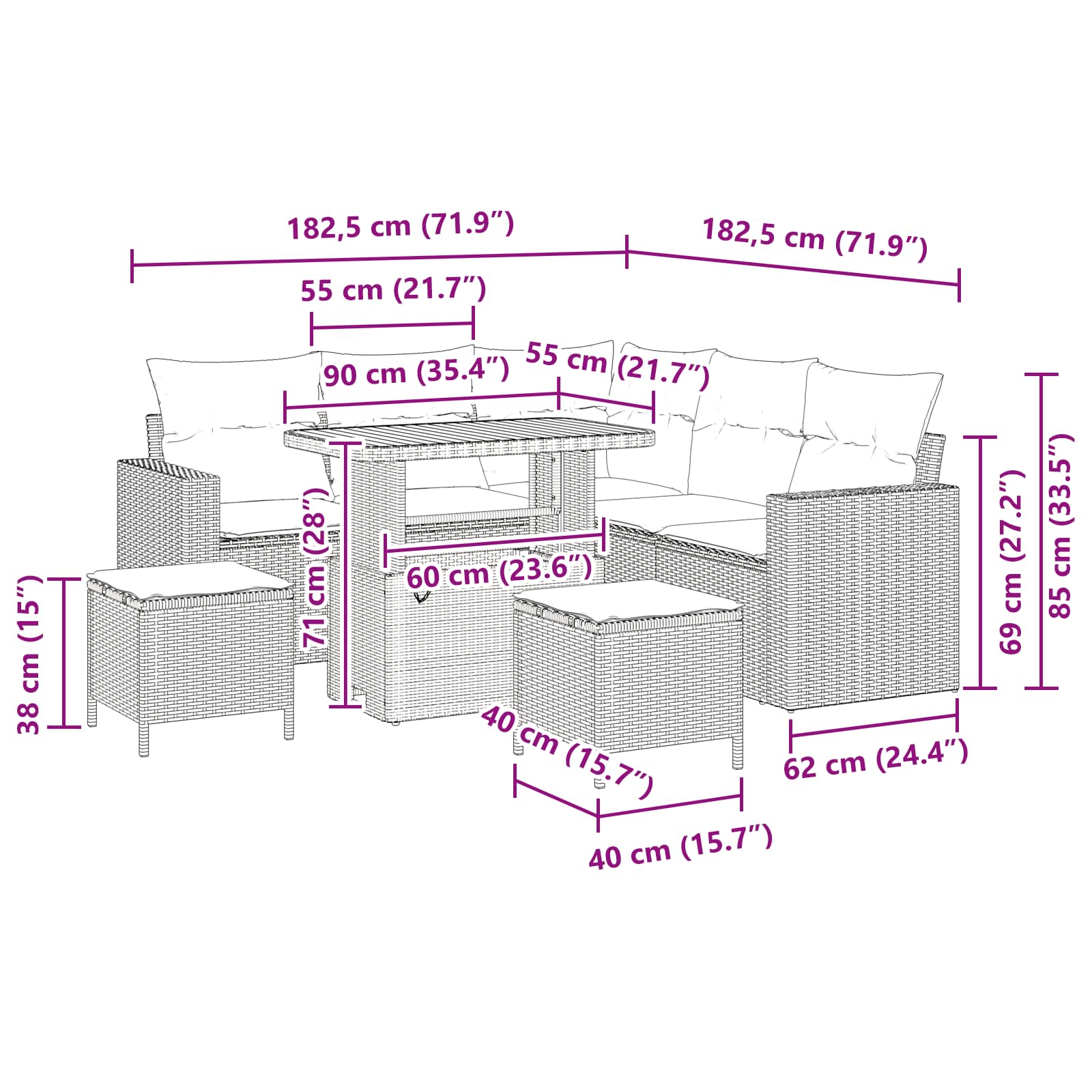 Gartensofa-set mit Kissen 9 pcs Schwarz Poly-Rattan