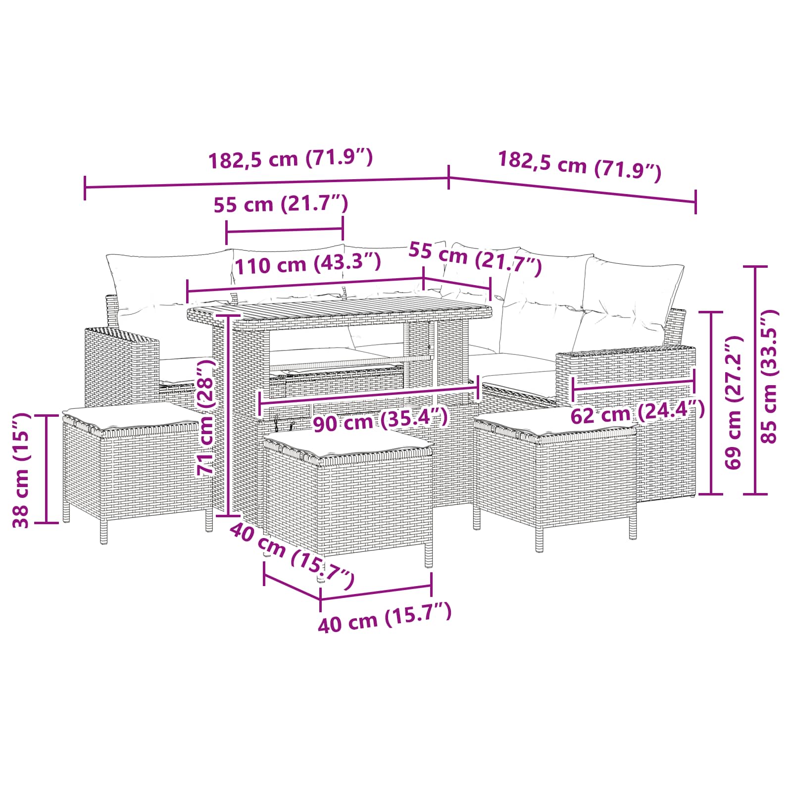 Gartensofa-set mit Kissen 10 pcs Schwarz Poly-Rattan