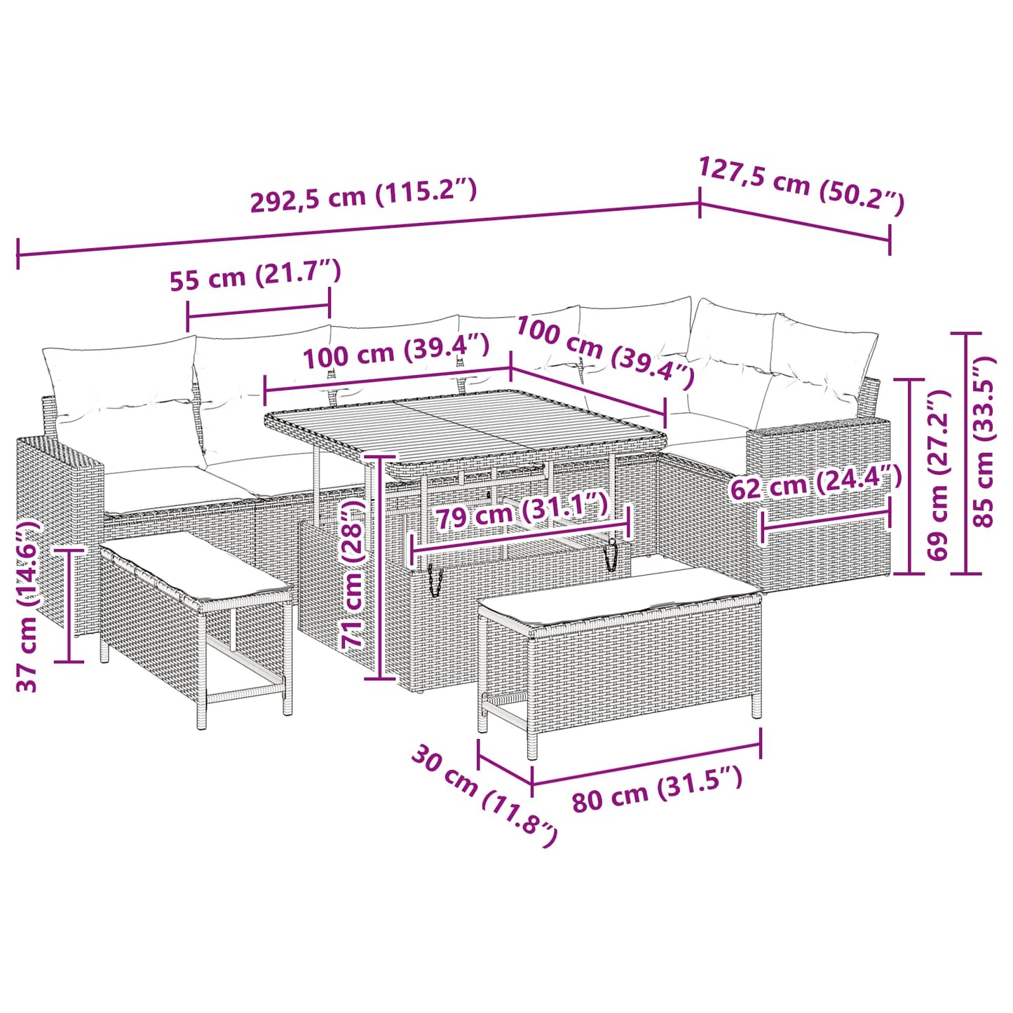 Gartensofa-set mit Kissen 11 pcs Schwarz Poly-Rattan