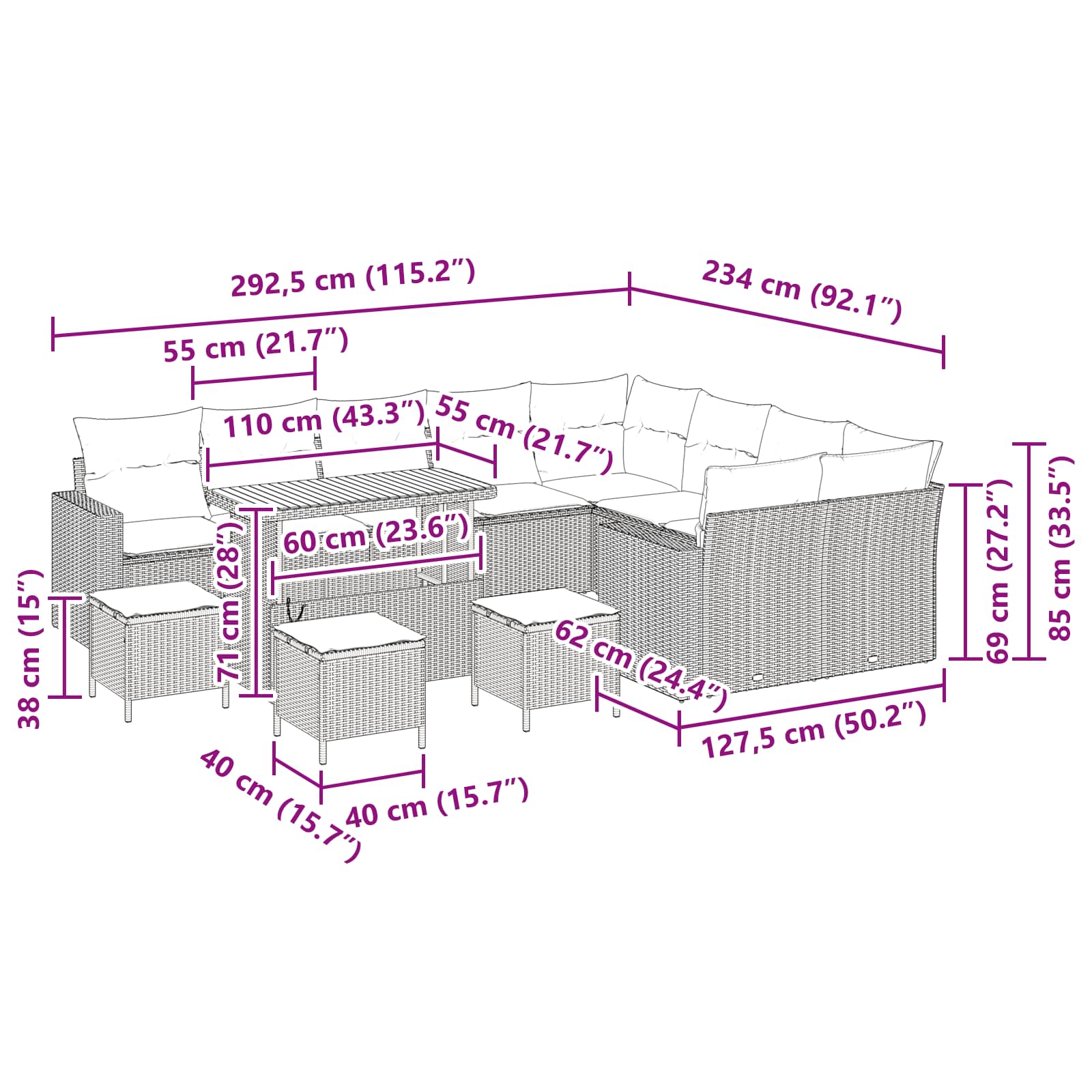 Gartensofa-set mit Kissen 14 pcs Schwarz Poly-Rattan