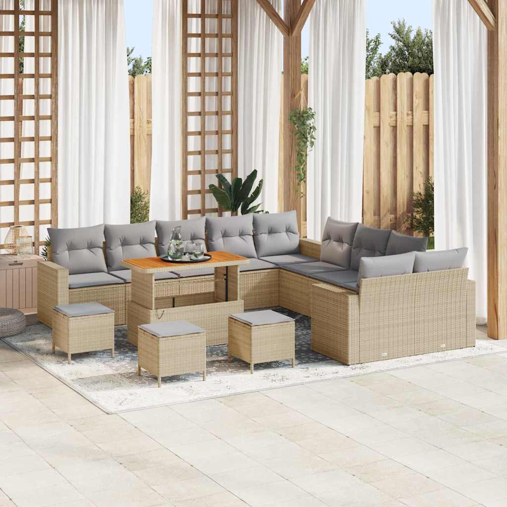 Gartensofa-set mit Kissen 18 pcs Beige und Hellgrau Poly-Rattan