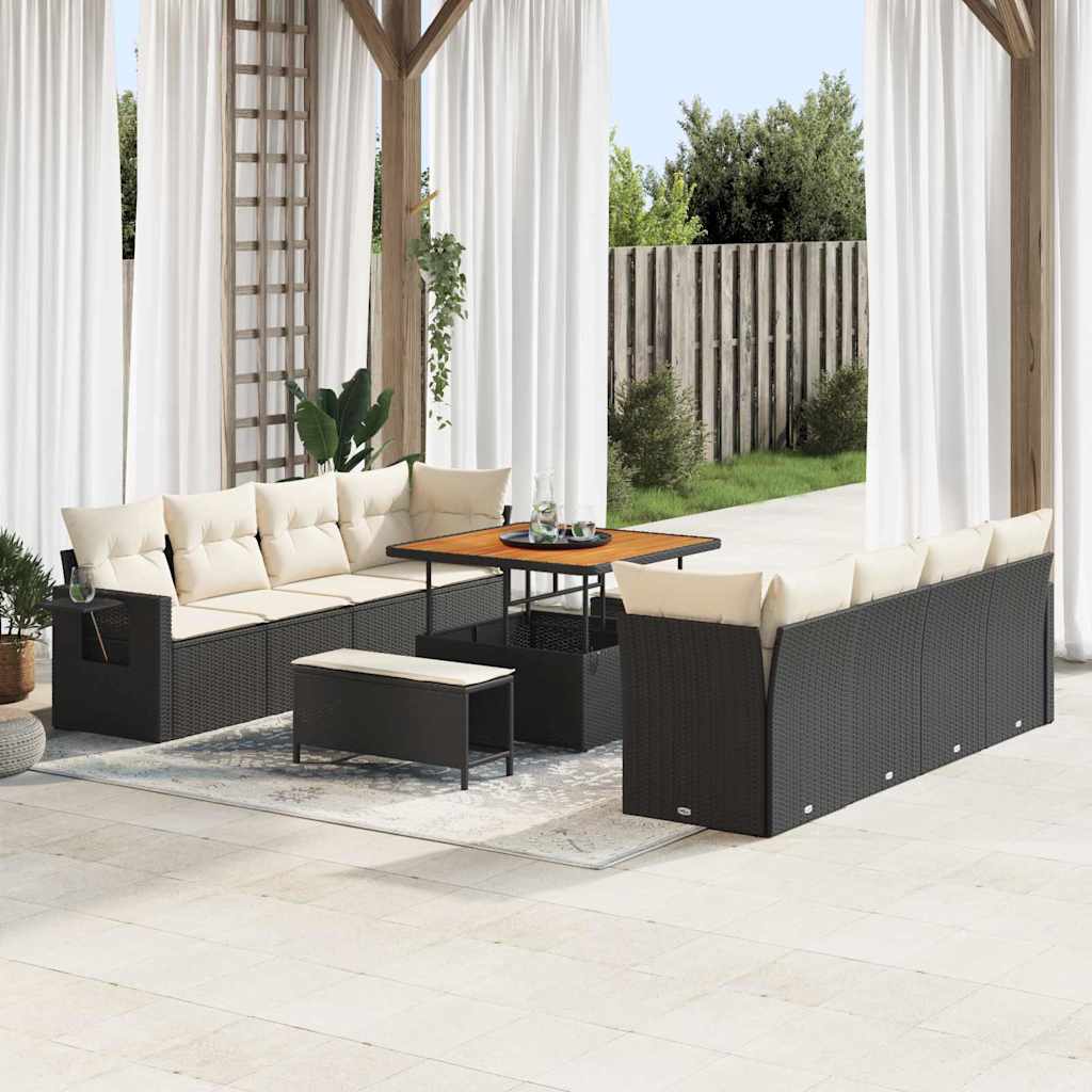 Gartensofa-set mit Kissen 11 pcs Schwarz und Creme Poly-Rattan