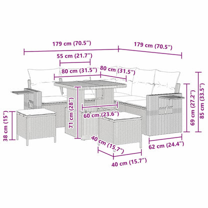 Gartensofa-set 9 Stk. 6-Sitzanzahl Beige und Creme Poly-Rattan
