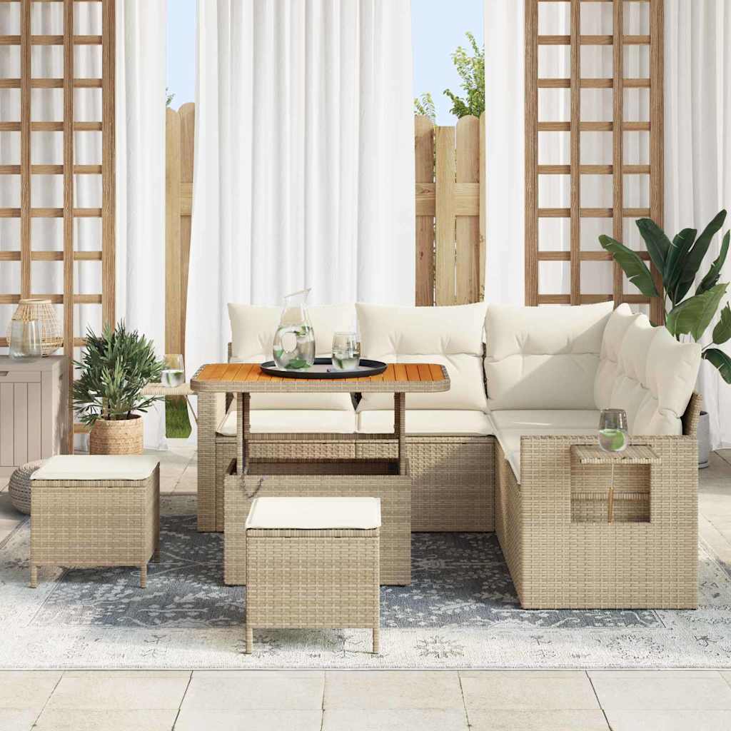 Gartensofa-set 9 Stk. 6-Sitzanzahl Beige und Creme Poly-Rattan