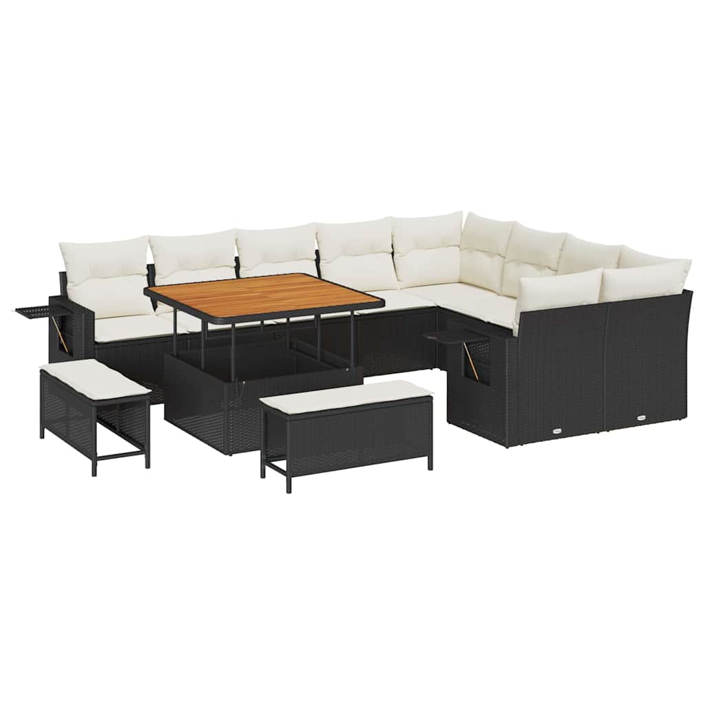 Gartensofa-set mit Kissen 13 pcs Schwarz und Creme Poly-Rattan