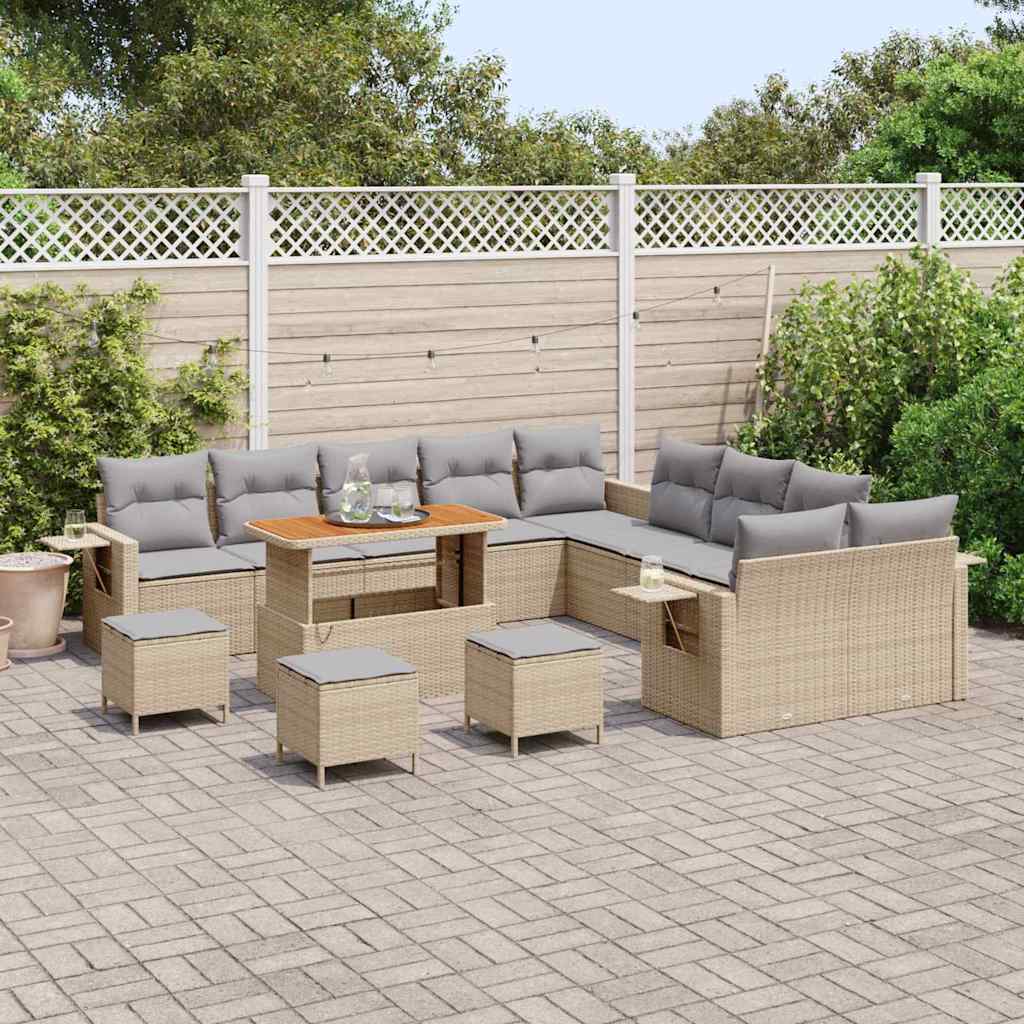 Gartensofa-set mit Kissen mit Speicher 14 pcs Beige Poly-Rattan