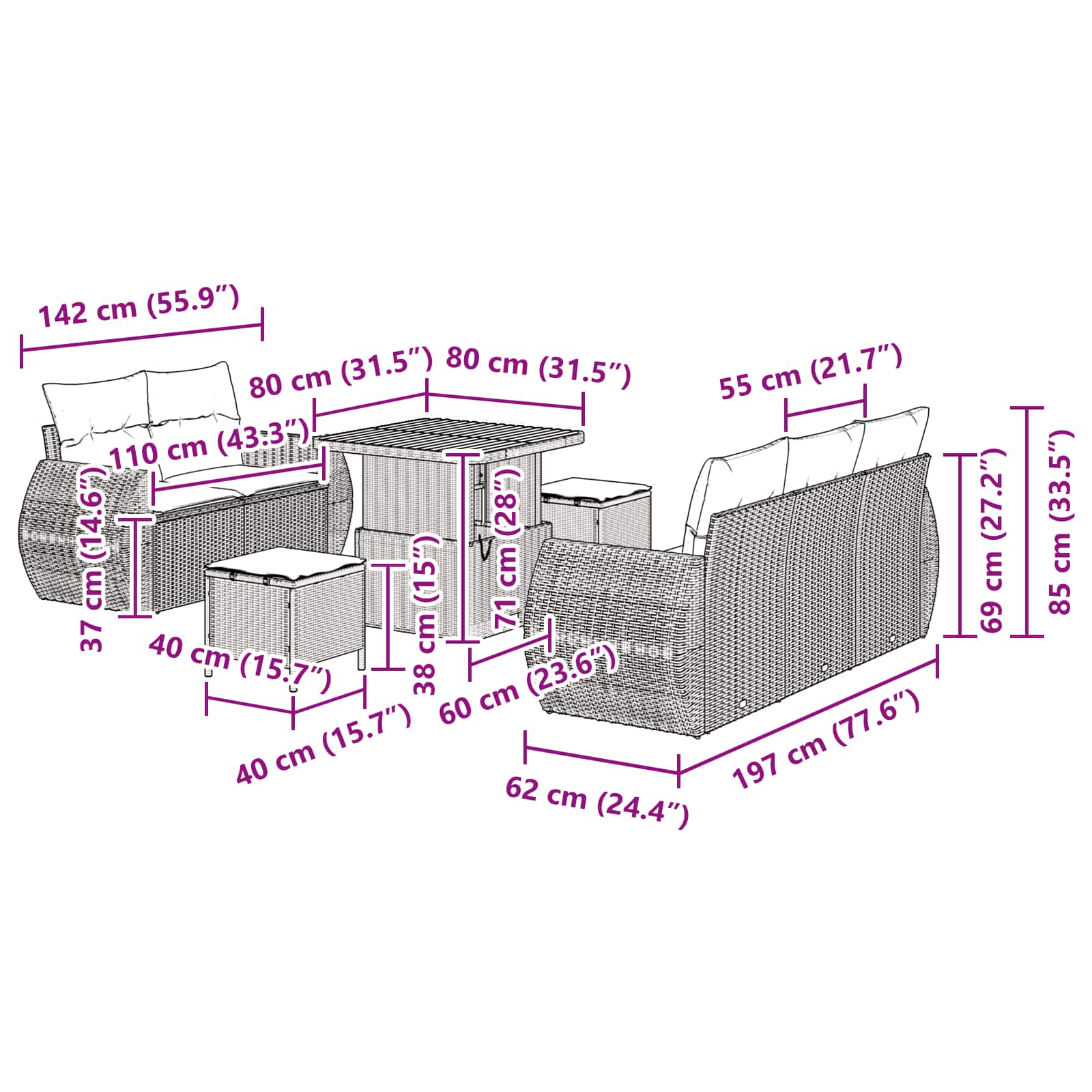 Gartensofa-set mit Kissen mit Kissen 8 pcs Schwarz Poly-Rattan