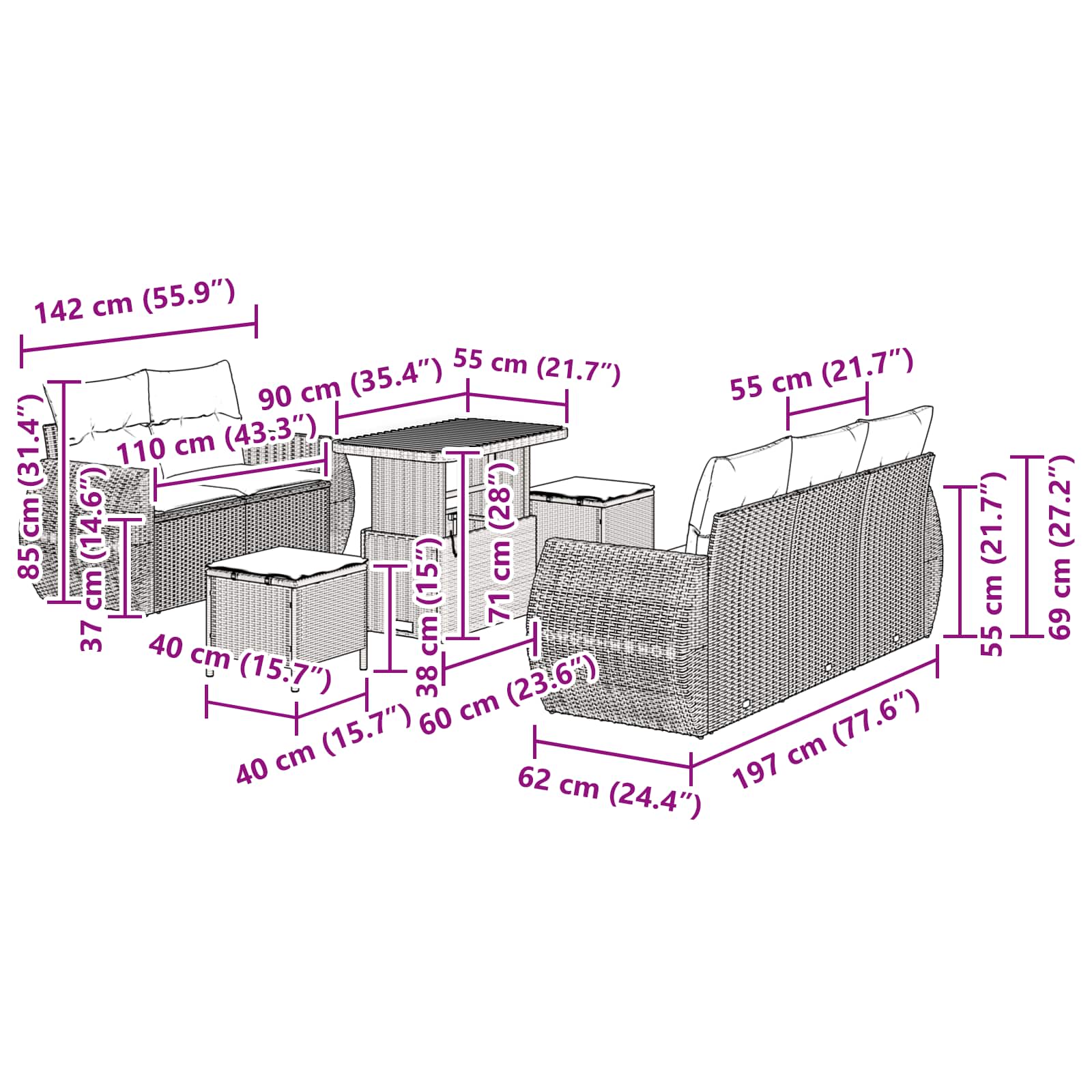 Gartensofa-set mit Kissen mit Kissen 8 pcs Schwarz Poly-Rattan